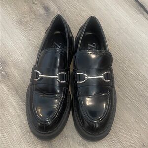 Women’s Zara Glossy Black Loafers with Silver Accent